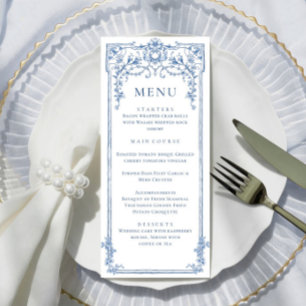 Victorian Ornate Grace Floral Blue Wedding Dinner Menu