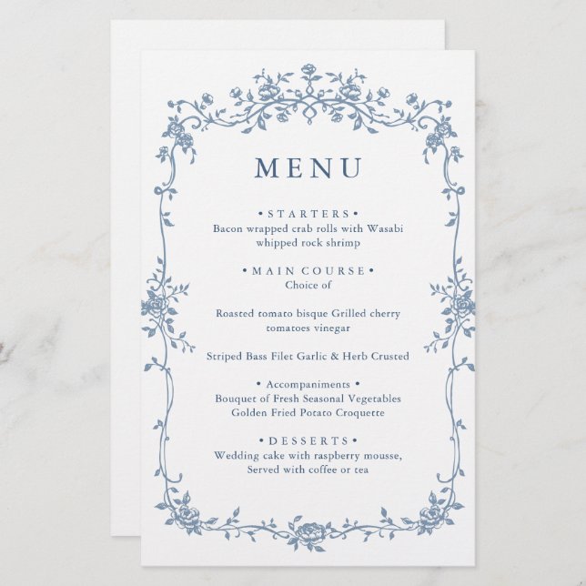 Victorian Ornate Grace Floral Blue Wedding Menu (Front/Back)