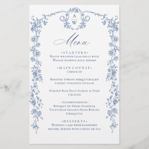 Victorian Ornate Grace Floral Blue Wedding Menu