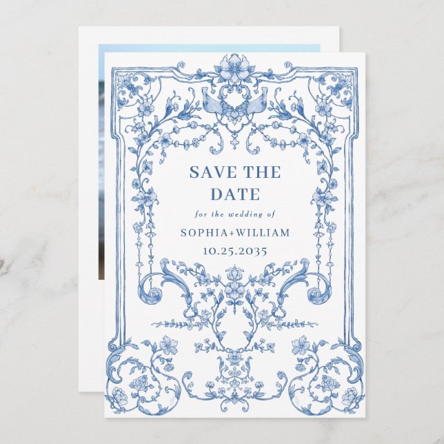 Victorian Ornate Grace Floral Blue Wedding Photo Save The Date (Front/Back)
