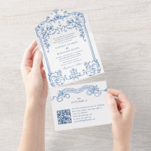 Victorian Ornate Grace Floral Blue Wedding QR code All In One Invitation