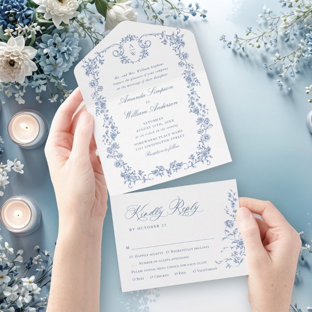 Victorian Ornate Grace Floral Dusty Blue Wedding All In One Invitation (Creator Uploaded)