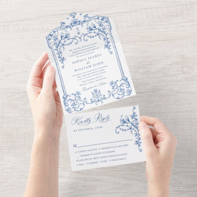Victorian Ornate Grace Floral Dusty Blue Wedding All In One Invitation (Tearaway)
