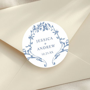 Victorian Ornate Grace Floral Dusty Blue Wedding Classic Round Sticker