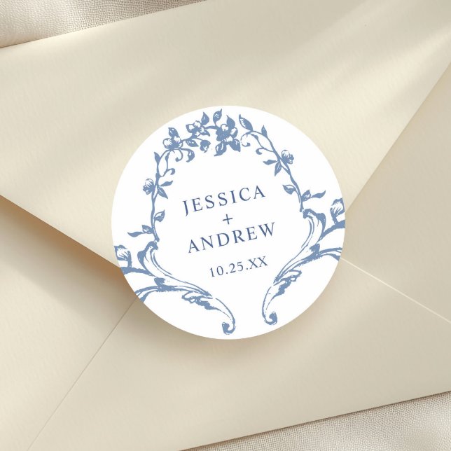 Victorian Ornate Grace Floral Dusty Blue Wedding Classic Round Sticker (Creator Uploaded)