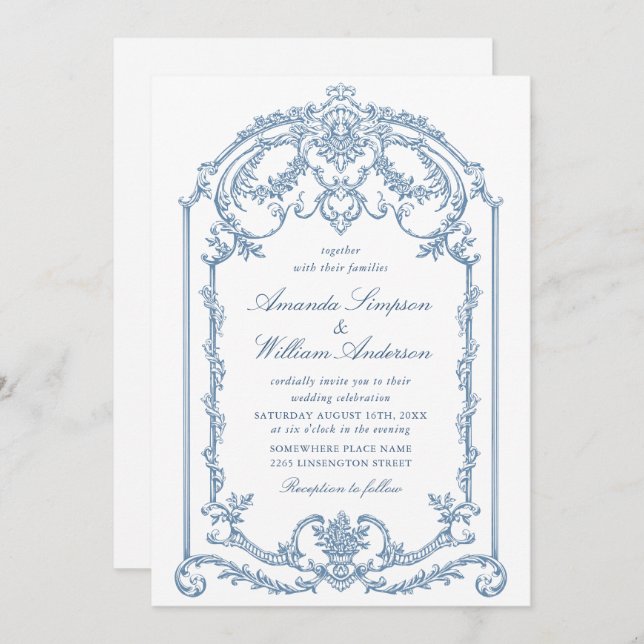 Victorian Ornate Grace Floral Dusty Blue Wedding Invitation (Front/Back)