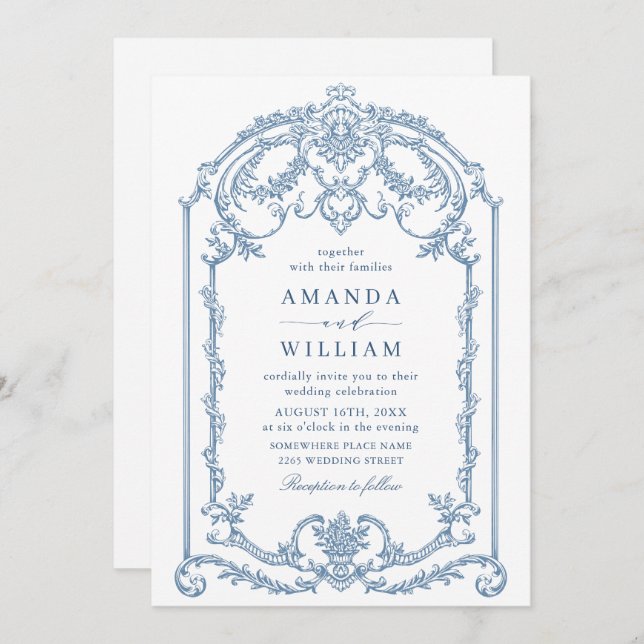 Victorian Ornate Grace Floral Dusty Blue Wedding Invitation (Front/Back)
