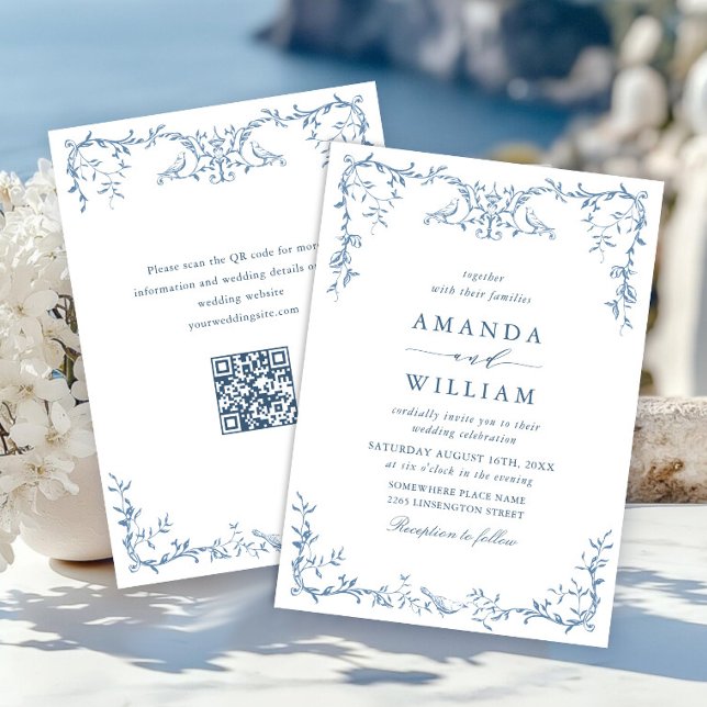 Victorian Ornate Grace Floral Dusty Blue Wedding Invitation (Creator Uploaded)