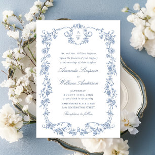 Victorian Ornate Grace Floral Dusty Blue Wedding Invitation