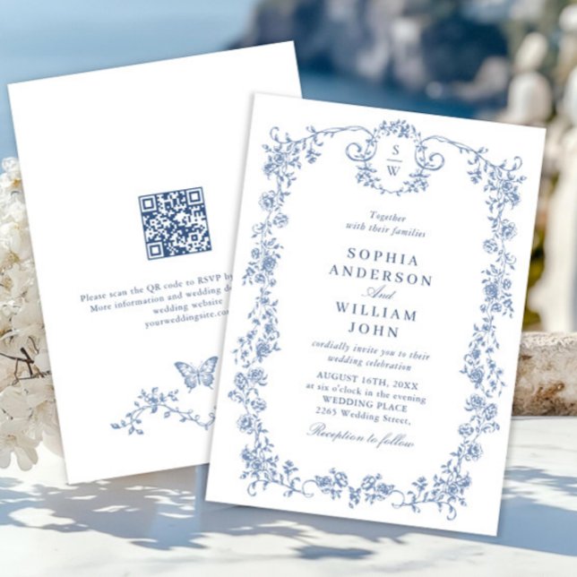 Victorian Ornate Grace Floral Dusty Blue Wedding Invitation (Creator Uploaded)