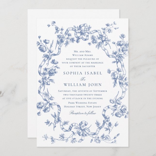 Victorian Ornate Grace Floral Dusty Blue Wedding Invitation (Front/Back)
