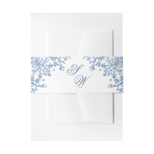 Victorian Ornate Grace Floral Dusty Blue Wedding Invitation Belly Band (Front Example)