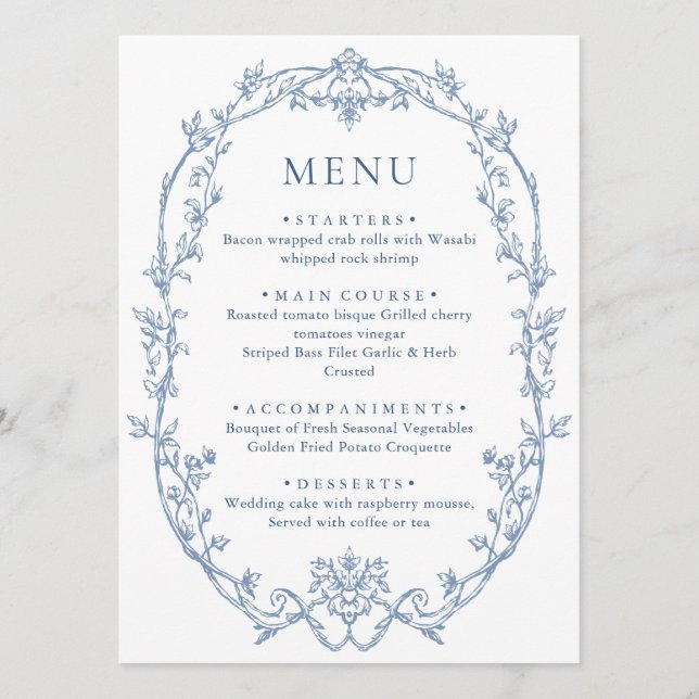 Victorian Ornate Grace Floral Dusty Blue Wedding Menu (Front)