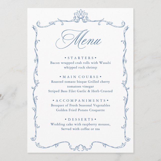 Victorian Ornate Grace Floral Dusty Blue Wedding Menu (Front)