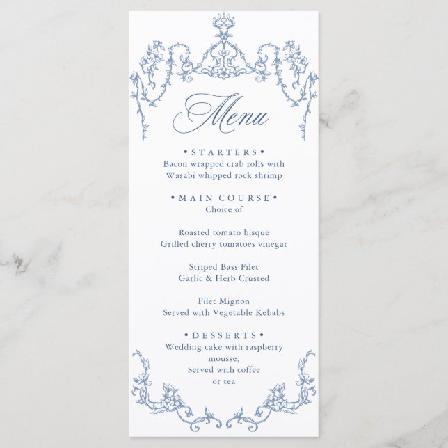 Victorian Ornate Grace Floral Dusty Blue Wedding Menu (Front)