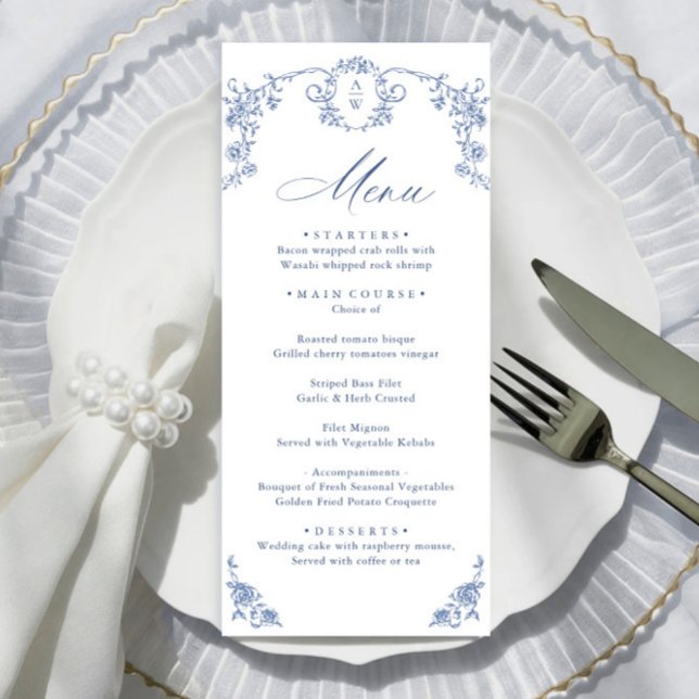 Victorian Ornate Grace Floral Dusty Blue Wedding Menu (Creator Uploaded)