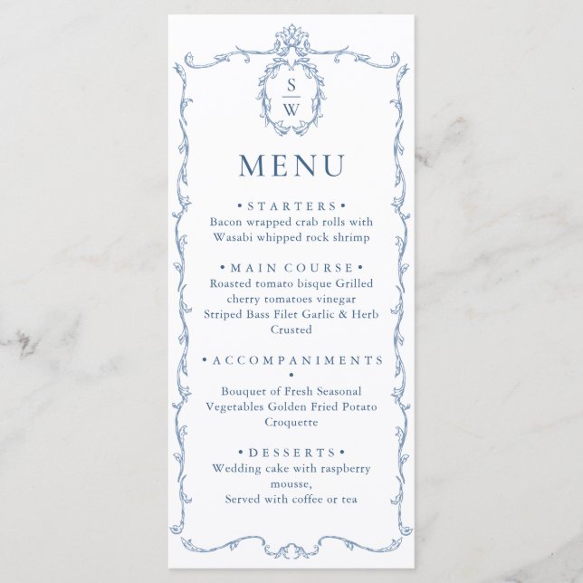 Victorian Ornate Grace Floral Dusty Blue Wedding Menu (Front)