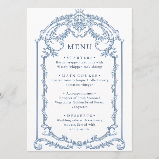 Victorian Ornate Grace Floral Dusty Blue Wedding Menu (Front)