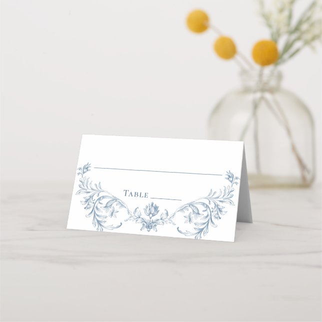 Victorian Ornate Grace Floral Dusty Blue Wedding Place Card (Front)