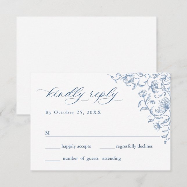 Victorian Ornate Grace Floral Dusty Blue Wedding RSVP Card (Front/Back)