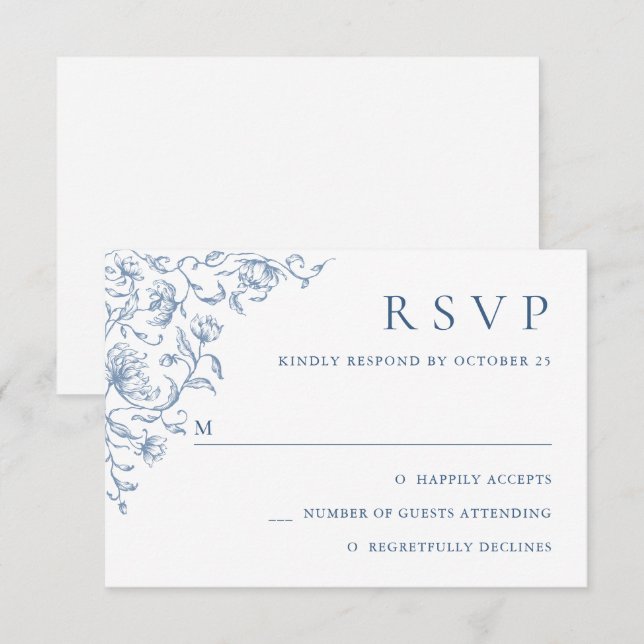 Victorian Ornate Grace Floral Dusty Blue Wedding RSVP Card (Front/Back)