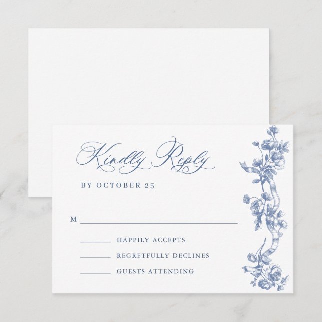 Victorian Ornate Grace Floral Dusty Blue Wedding RSVP Card (Front/Back)