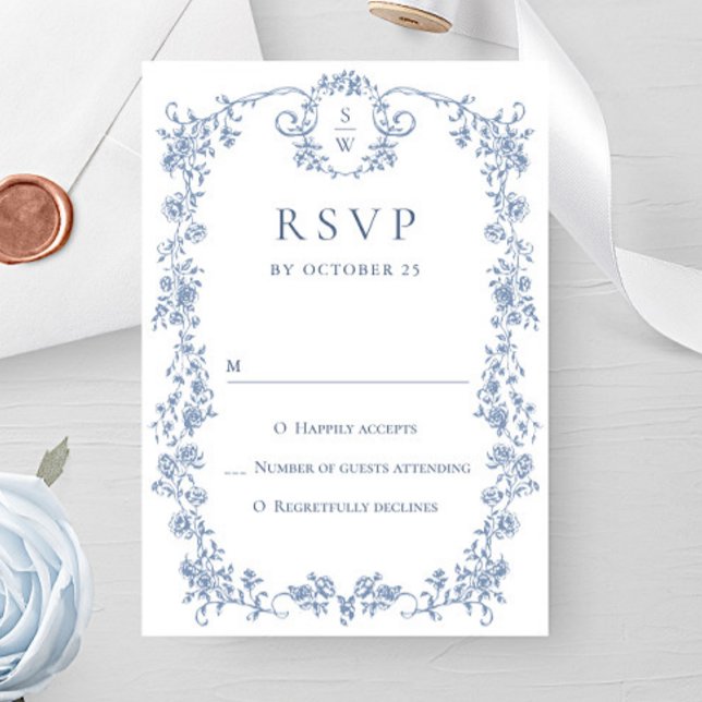 Victorian Ornate Grace Floral Dusty Blue Wedding RSVP Card (Creator Uploaded)