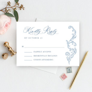 Victorian Ornate Grace Floral Dusty Blue Wedding RSVP Card