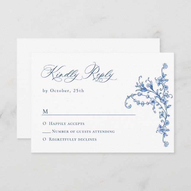 Victorian Ornate Grace Floral Dusty Blue Wedding RSVP Card (Front/Back)