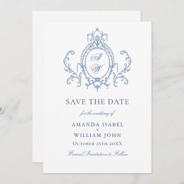 Victorian Ornate Grace Floral Dusty Blue Wedding Save The Date (Front/Back)