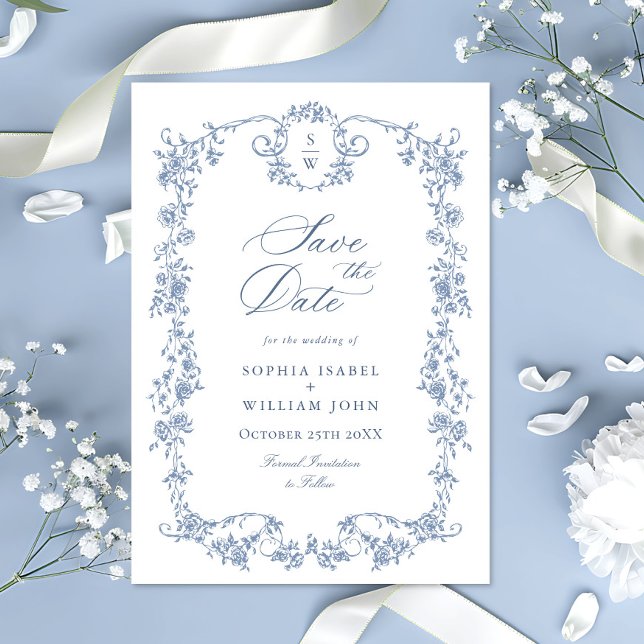 Victorian Ornate Grace Floral Dusty Blue Wedding Save The Date (Creator Uploaded)