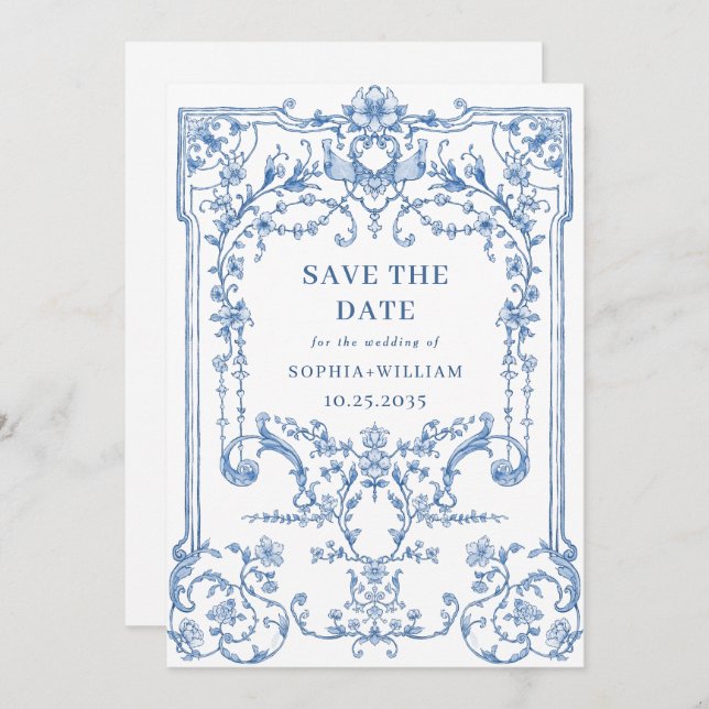 Victorian Ornate Grace Floral Dusty Blue Wedding Save The Date (Front/Back)