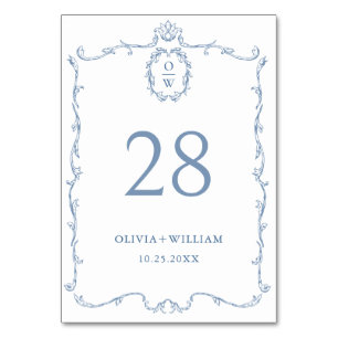 Victorian Ornate Grace Floral Dusty Blue Wedding Table Number