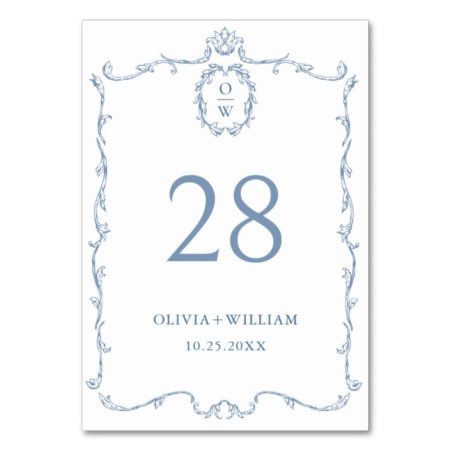 Victorian Ornate Grace Floral Dusty Blue Wedding Table Number (Front)