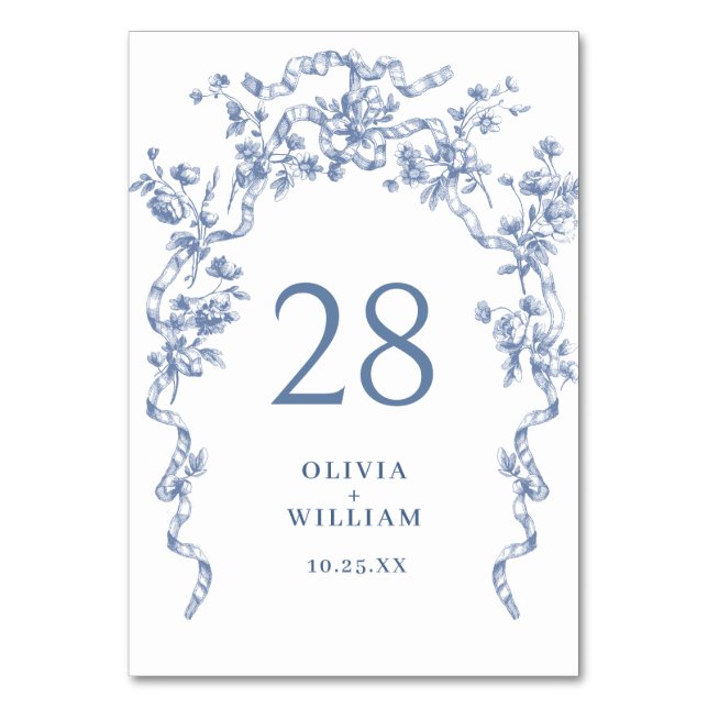 Victorian Ornate Grace Floral Dusty Blue Wedding Table Number (Front)