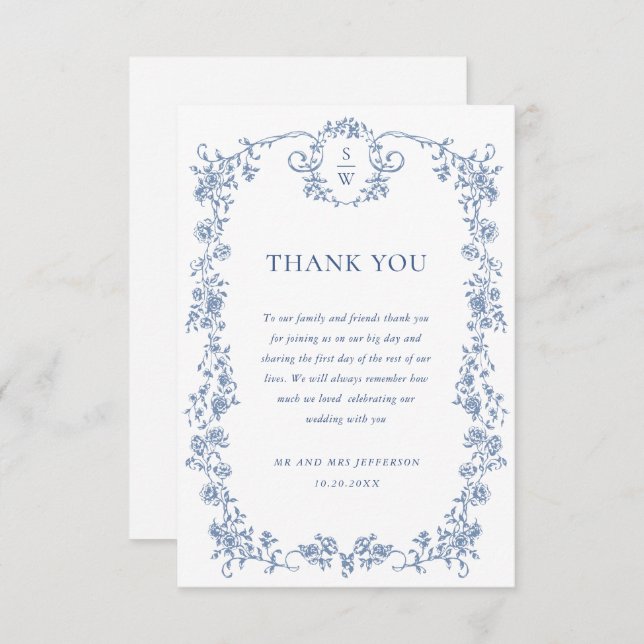 Victorian Ornate Grace Floral Dusty Blue Wedding Thank You Card (Front/Back)
