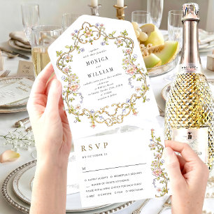 Victorian Ornate Grace Floral Frame Wedding All In One Invitation