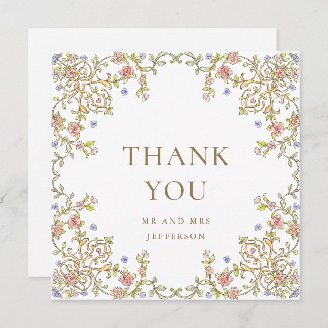 Victorian Ornate Grace Floral Frame Wedding Thank You Card (Front/Back)