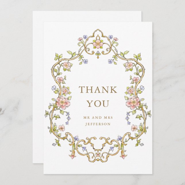 Victorian Ornate Grace Floral Frame Wedding Thank You Card (Front/Back)
