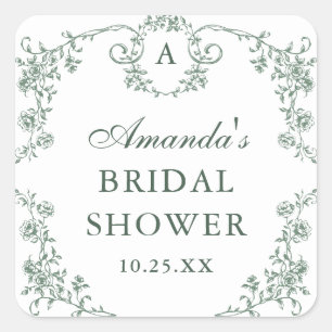 Victorian Ornate Grace Floral Green Bridal Shower Square Sticker
