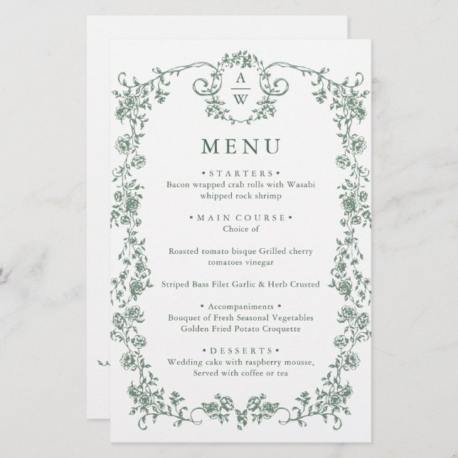 Victorian Ornate Grace Floral Green Wedding Menu (Front/Back)