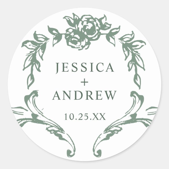 Victorian Ornate Grace Floral Sage Green Wedding Classic Round Sticker (Front)