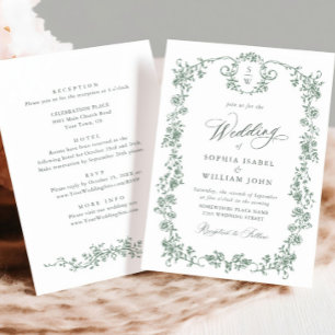 Victorian Ornate Grace Floral Sage Green Wedding Invitation