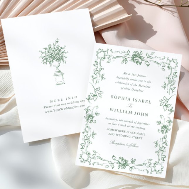 Victorian Ornate Grace Floral Sage Green Wedding Invitation (Creator Uploaded)
