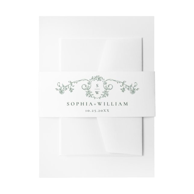 Victorian Ornate Grace Floral Sage Green Wedding Invitation Belly Band (Front Example)