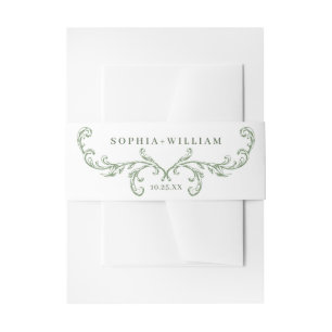 Victorian Ornate Grace Floral Sage Green Wedding Invitation Belly Band