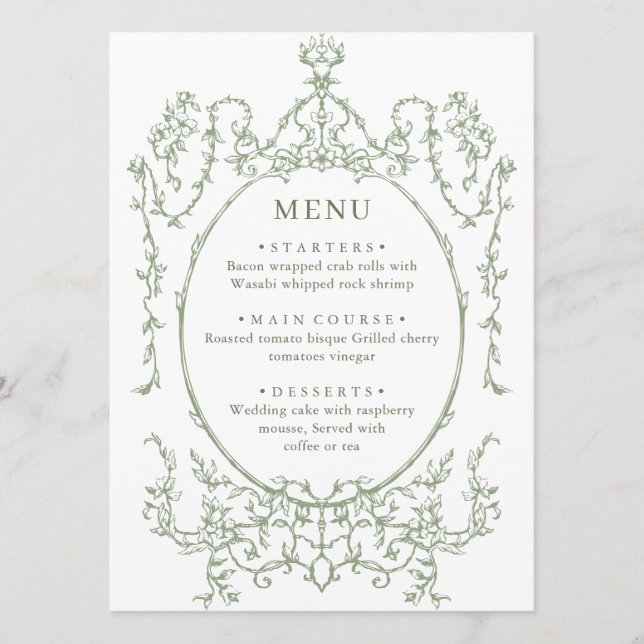 Victorian Ornate Grace Floral Sage Green Wedding Menu (Front)
