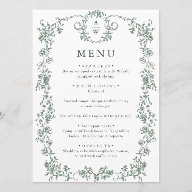 Victorian Ornate Grace Floral Sage Green Wedding Menu (Front)