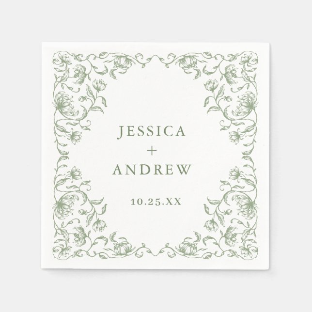 Victorian Ornate Grace Floral Sage Green Wedding Napkin (Front)