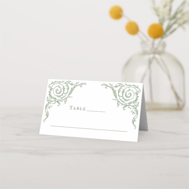 Victorian Ornate Grace Floral Sage Green Wedding Place Card (Front)